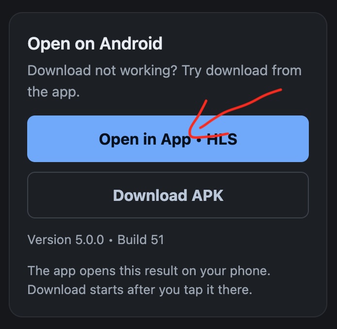 Open in App HLS button in a GrabnWatch result