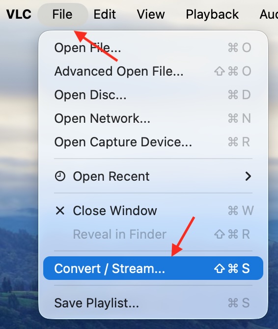 VLC File menu with Convert / Stream selected