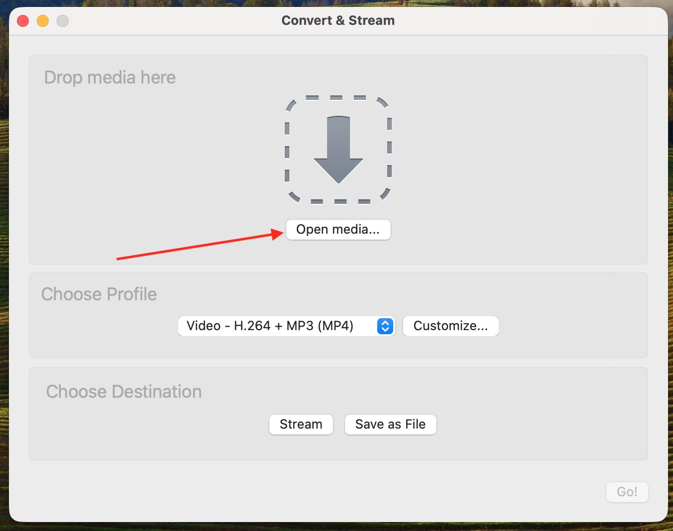 Open media button in the VLC Convert and Stream window