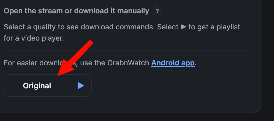 HLS quality button in a GrabnWatch result