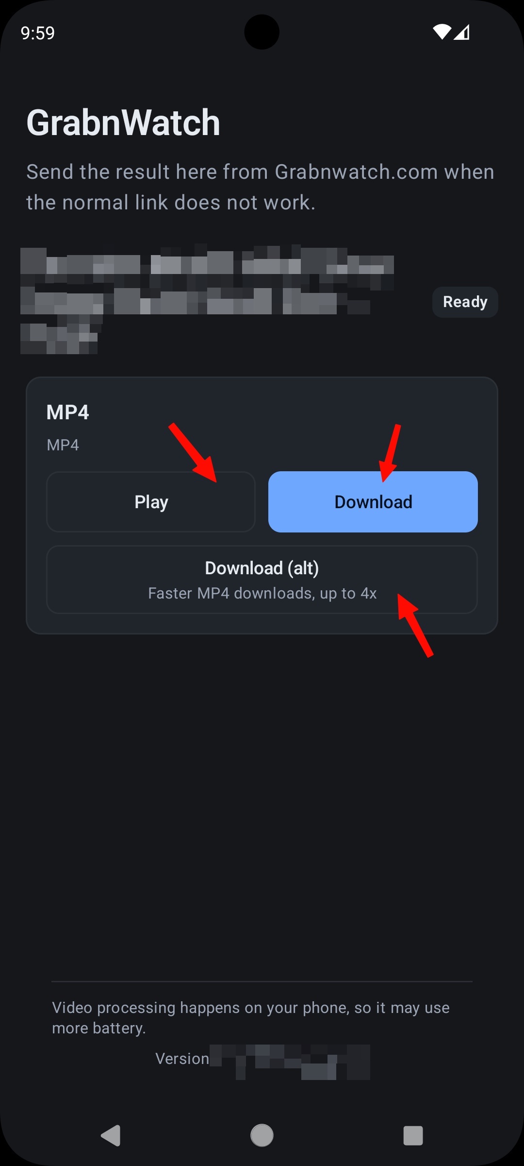 Play, Download, and Download alt actions in the GrabnWatch Android app
