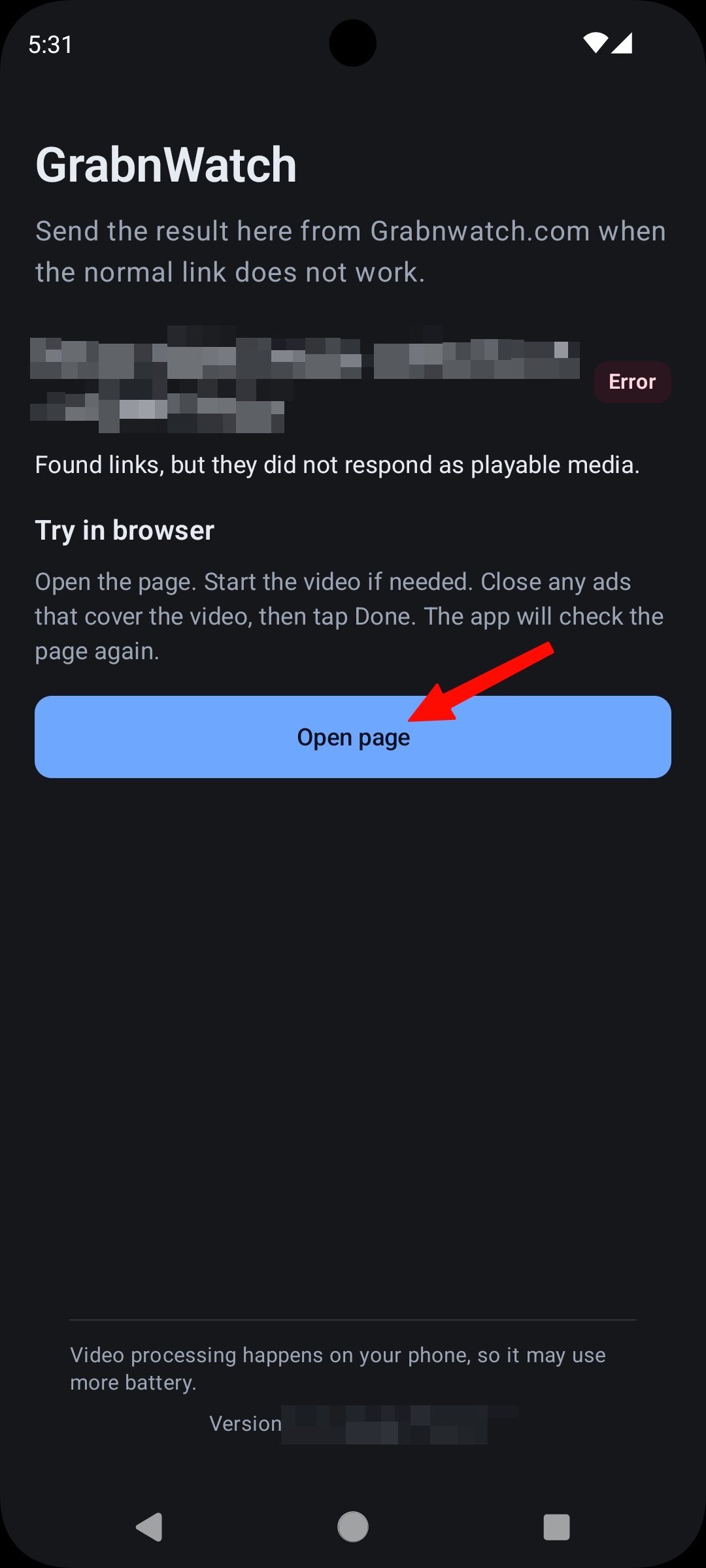Open page button in the GrabnWatch Android app
