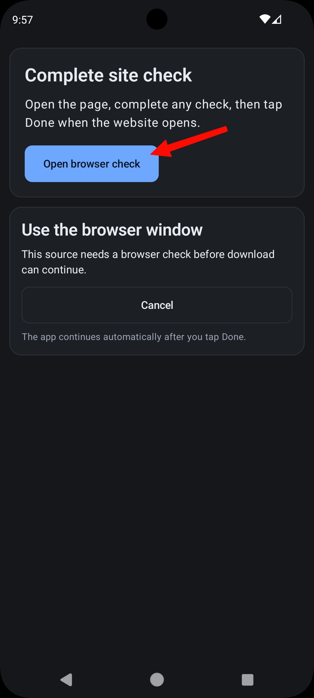 Open browser check button in the GrabnWatch Android app