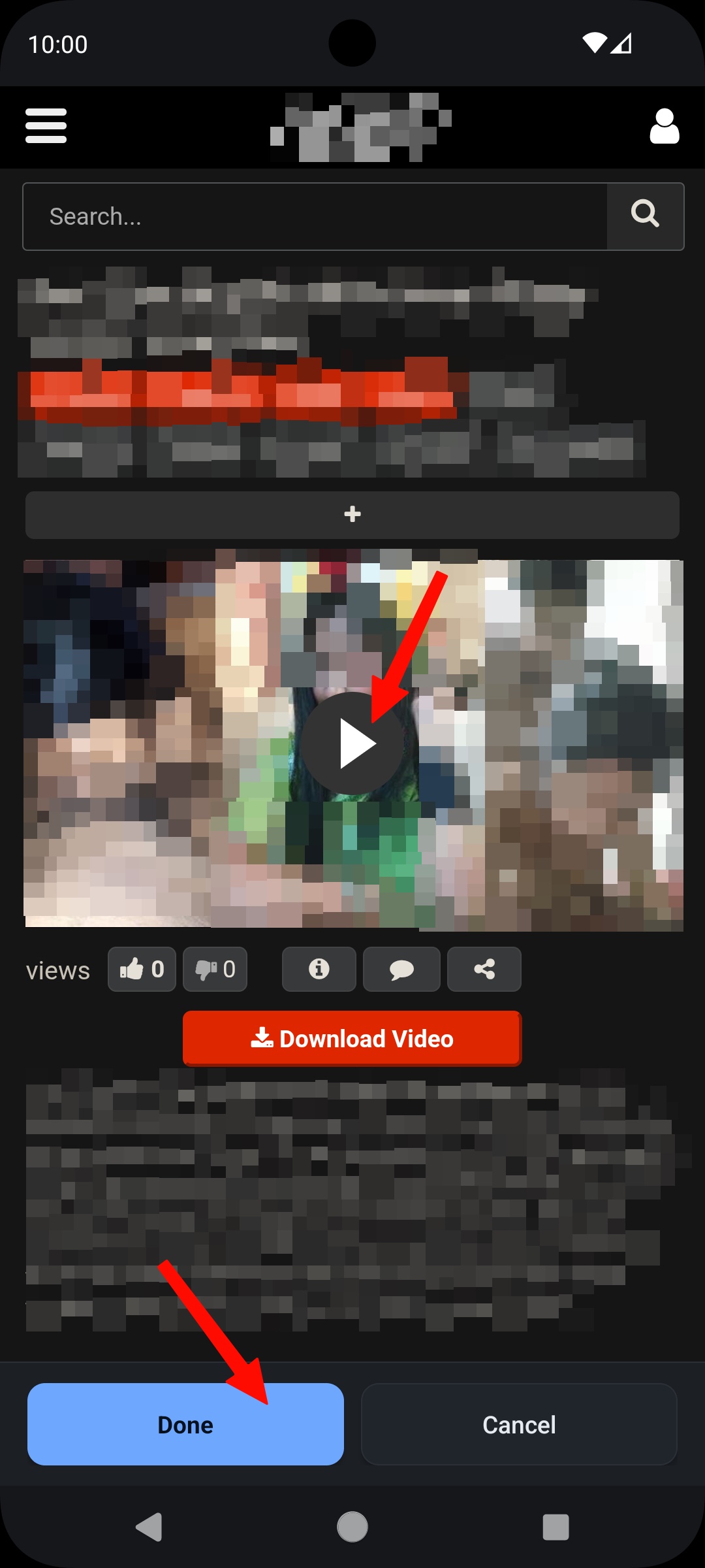 Video play button and Done button on a website opened in the app