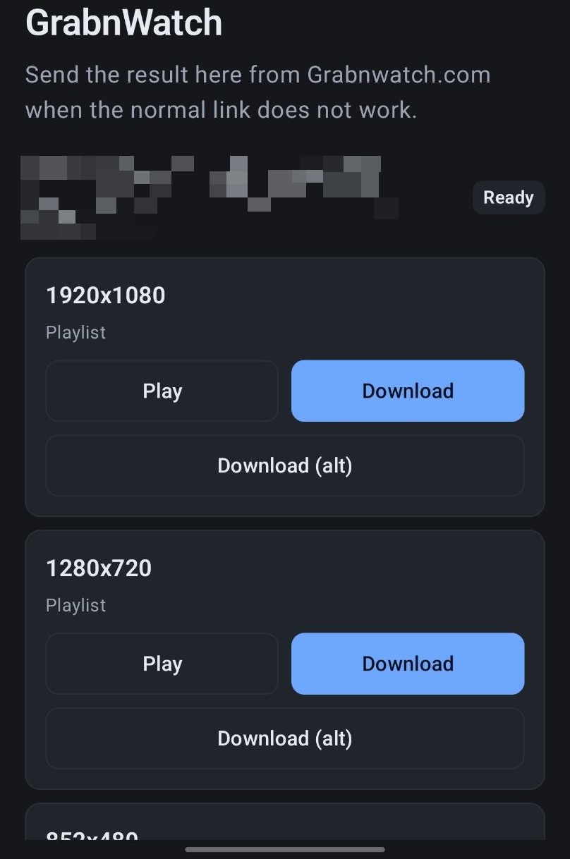 Twitch playlist qualities with Play, Download, and Download alt actions in GrabnWatch app