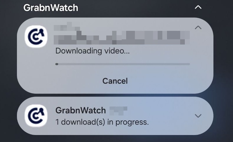 GrabnWatch Android notification showing a Twitch video download in progress