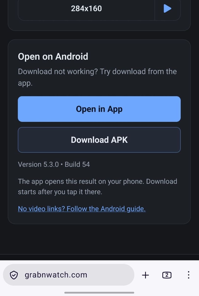 Open in App and Download APK buttons for a Twitch video result on Android