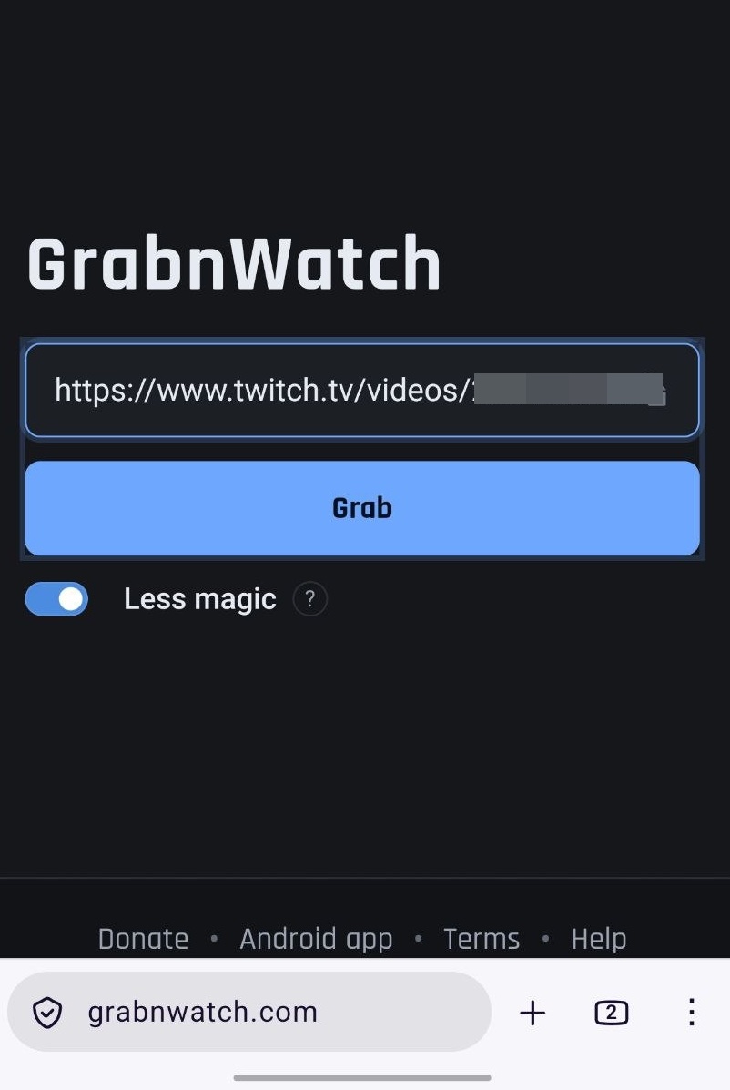A public Twitch video link ready to submit on GrabnWatch.com
