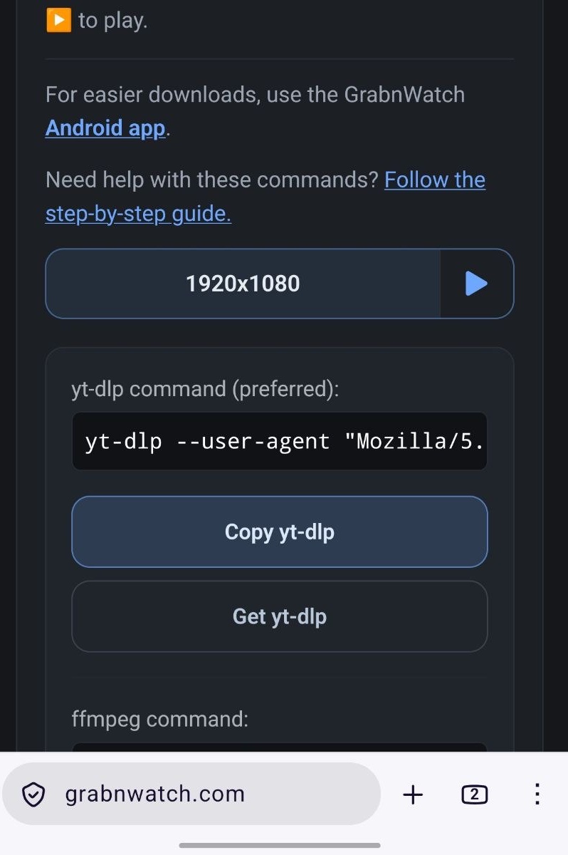 Twitch playlist quality with ready yt-dlp and ffmpeg commands on GrabnWatch