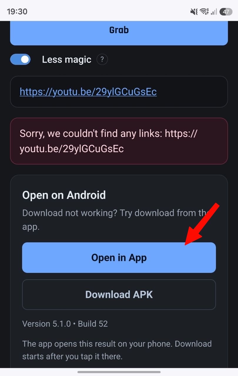 Open in App button on a GrabnWatch.com YouTube result