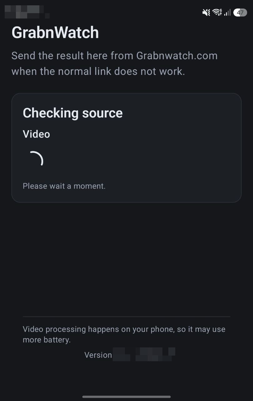 GrabnWatch Android app checking the YouTube video source
