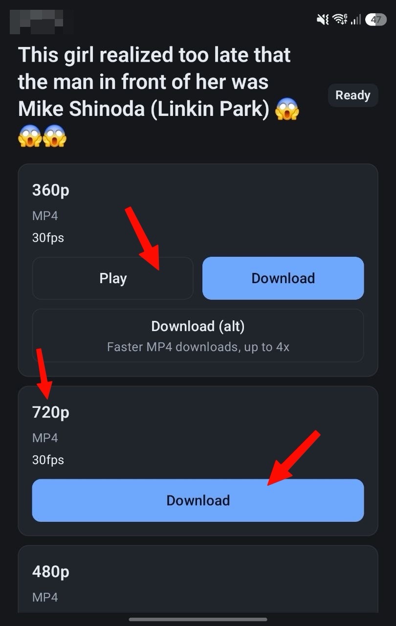 Play and Download buttons for available video qualities in GrabnWatch